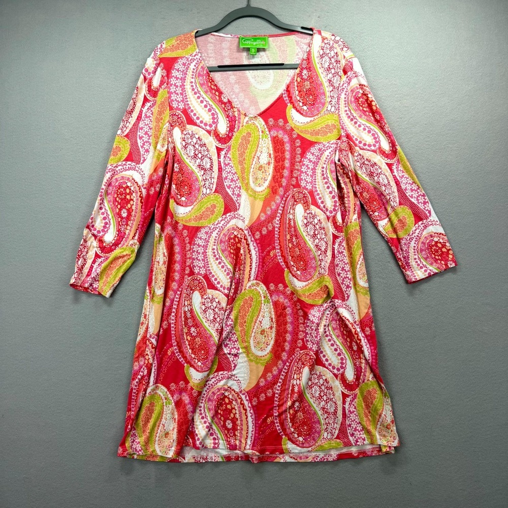 Pappagallo Shift Dress Womens XL Colorful Paisley Viscose 3/4 Sleeve Deep V-Neck